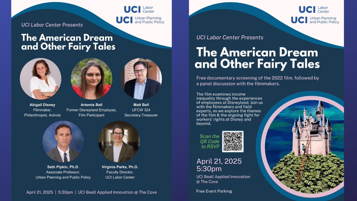 UCI Social Ecology (@social_ecology) on Twitter photo After the Mon, 4/21, 5:30pm free screening of <a href="/amerdreamdoc/">The American Dream and Other Fairy Tales</a> at <a href="/UCIBeallCenter/">The Beall Center</a>, see the panel with filmmaker <a href="/abigaildisney/">Abigail Disney</a>, former Disneyland worker <a href="/ArtemisEBell/">Artemis Bell</a>, <a href="/ufcw324/">UFCW324</a>'s Matt Bell & @ucirvine <a href="/UciUrban/">UCI Department of Urban Planning and Public Policy</a> professors Seth Pipkin & Virginia Parks. RSVP: tinyurl.com/RSVPDisney After the Mon, 4/21, 5:30pm free screening of <a href="/amerdreamdoc/">The American Dream and Other Fairy Tales</a> at <a href="/UCIBeallCenter/">The Beall Center</a>, see the panel with filmmaker <a href="/abigaildisney/">Abigail Disney</a>, former Disneyland worker <a href="/ArtemisEBell/">Artemis Bell</a>, <a href="/ufcw324/">UFCW324</a>'s Matt Bell & @ucirvine <a href="/UciUrban/">UCI Department of Urban Planning and Public Policy</a> professors Seth Pipkin & Virginia Parks. RSVP: tinyurl.com/RSVPDisney