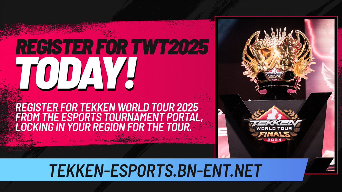 BNEesports's tweet image. Registrations for TEKKEN World Tour 2025 are open! Register as a player to earn points on the #TWT2025 leaderboards, or sign up as a Tournament Organizer for your event to be included this season as a Dojo Event.
🔗tekken-esports.bn-ent.net