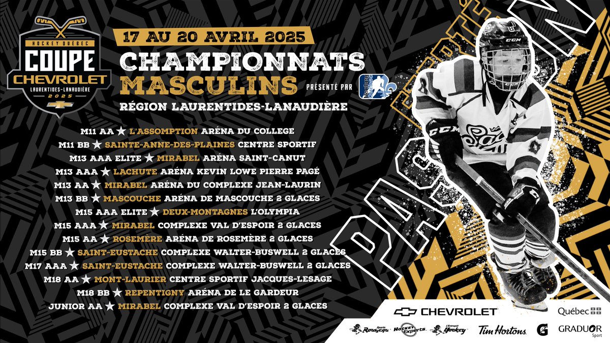 Plus de 3400 hockeyeurs sont en action dans les Laurentides-Lanaudière pour les Championnats provinciaux de hockey mineur, la Coupe Chevrolet!

Un immense merci à nos précieux bénévoles, aux organisateurs, ainsi qu’à notre partenaire <a href="/ChevroletCanFR/">Chevrolet Canada (FR)</a>.

m2025.coupechevrolet.ca/fr/publication…