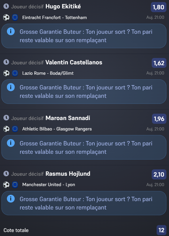 Papa_rieur's tweet photo. Joueur décisif Mario Gotze 2.50
Joueur décisif Brennan Johnson 2.60
Tir cadré Johnson a 1.85 
Combi 4 joueurs décisifs (avec sub) voir photo cote a 12
Combi Full tete sur les 4 matchs a 20.87

Que des petits % mais je vois des buts ce soir !!! https://t.co/lbzbJDUdAK