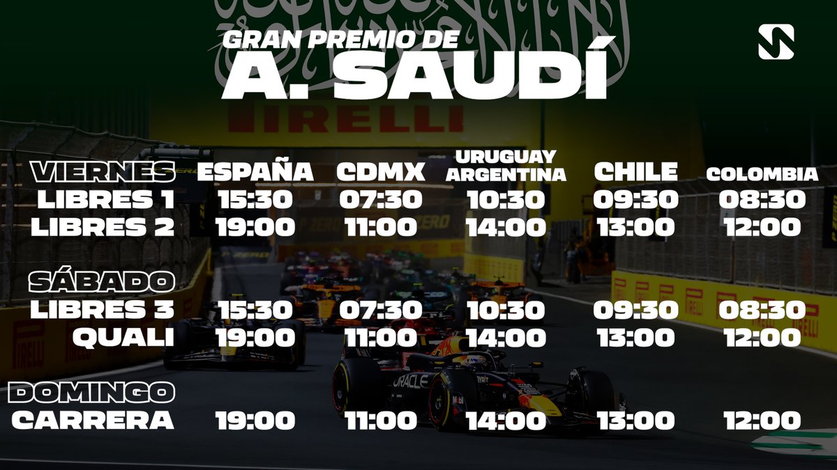 🏁 H O R A R I O S 🏁

Completamos el primer triplete de la temporada 2025 de Fórmula 1 con el Gran Premio de Arabia Saudí 🇸🇦. Carrera nocturna, horario casi nocturno en España.

Comparte los horarios, salva una vida.