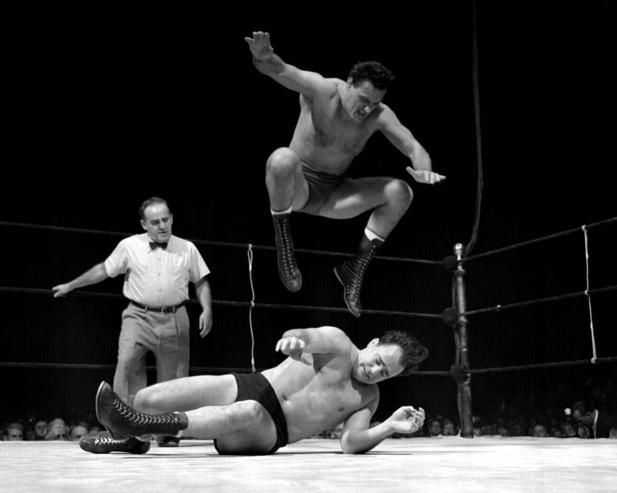 New York City at a sold out card at Madison Square Garden in 1953. Walter "Killer" Kowalski high in the air attempting to stomp Verne Gagne into the mat, while the referee looks on. . Verne Gagne's biography VERNE Inside &amp; Outside the Ropes is available in paperback and ebook.