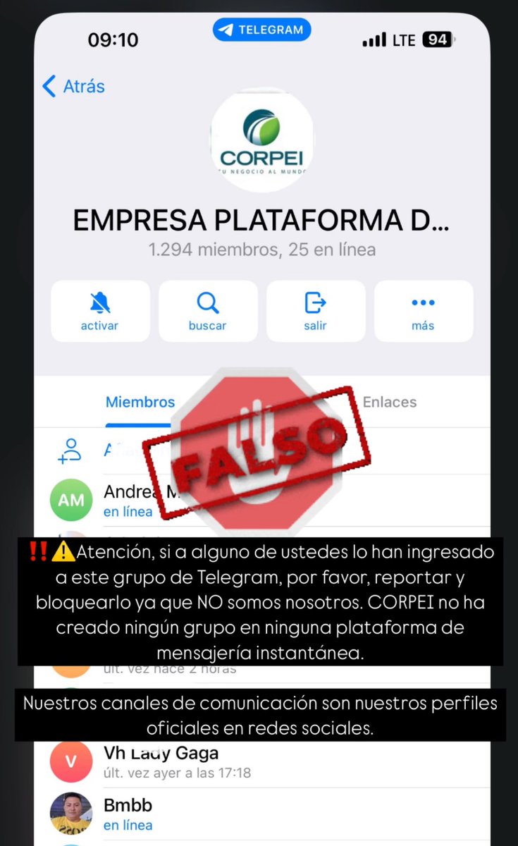 CORPEI (@corpei) on Twitter photo ‼️⚠️🚨 FALSO. A nuestra comunidad, informamos que CORPEI no ha creado ningún grupo en plataformas de mensajería instantánea. Y tampoco estamos promocionado mecanismos de inversión. En la segunda foto se ve el perfil de la persona que administra el grupo. ‼️⚠️🚨 FALSO. A nuestra comunidad, informamos que CORPEI no ha creado ningún grupo en plataformas de mensajería instantánea. Y tampoco estamos promocionado mecanismos de inversión. En la segunda foto se ve el perfil de la persona que administra el grupo.