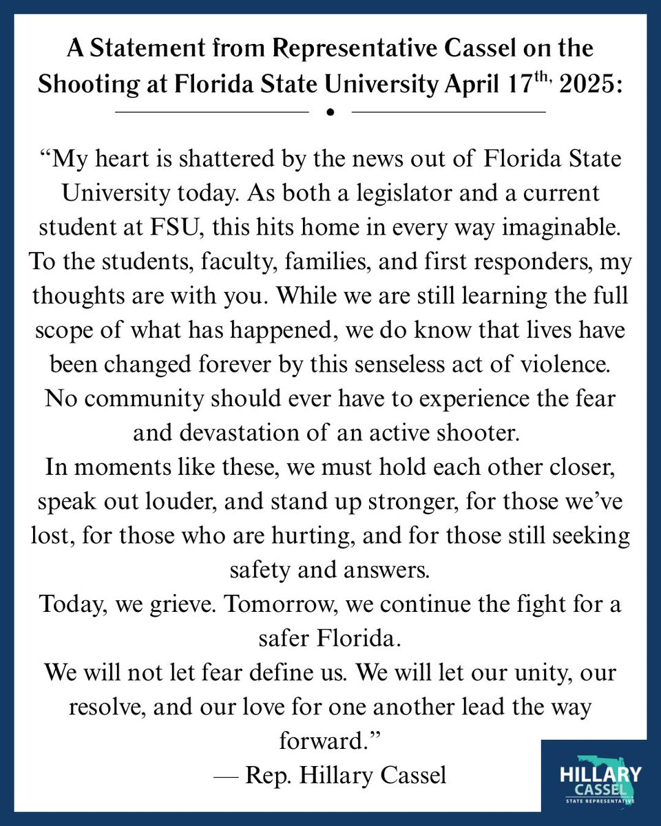 RepCassel's tweet image. A statement from Representative Cassel on the Shooting at Florida State University: