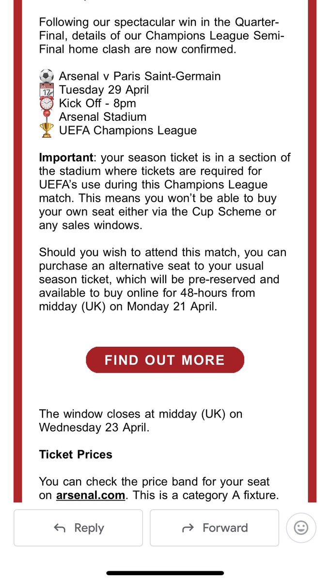 SarahLeeuk's tweet photo. @barneyronay  Hi Barney - after decades of loyalty as season ticket holder @Arsenal have requisitioned my seat for the PSG home leg to give to UEFA. Why not give UEFA the much worse seat in they’re offering me? I have nowhere to put my feelings of outrage. Any ideas ? https://t.co/tijxu5DaEo