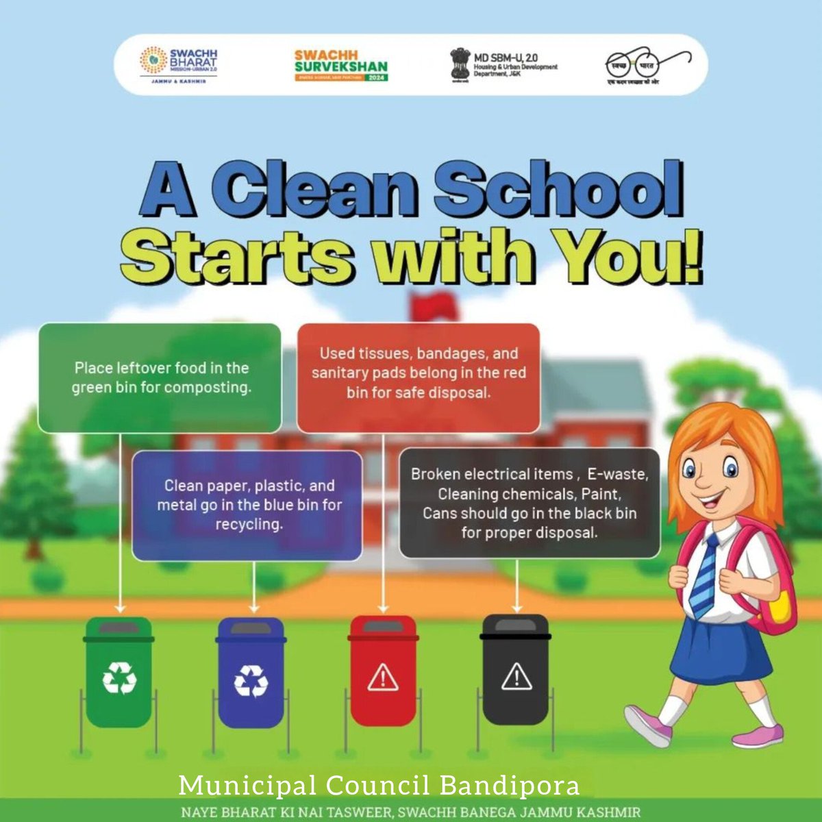 CEOMCBANDIPORA's tweet photo. Municipal Council Bandipora presents:

A Clean School Starts with YOU!

Let’s join hands to keep our schools and communities clean and safe. Waste segregation is the key to a healthy and sustainable future.
@JKHUDD1 @DULBKASHMIR @dcbandipora @diprjk @SwachhJk @md_sbm https://t.co/f2xPID3XT2