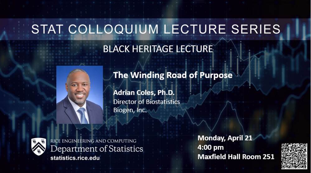 Join us April 21 at 4:00 pm, for the next STAT Colloquium Lecture Series featuring Dr. Adrian Cole, Director of Biostatistics Biogen Inc.
events.rice.edu/livewhale/?eve…