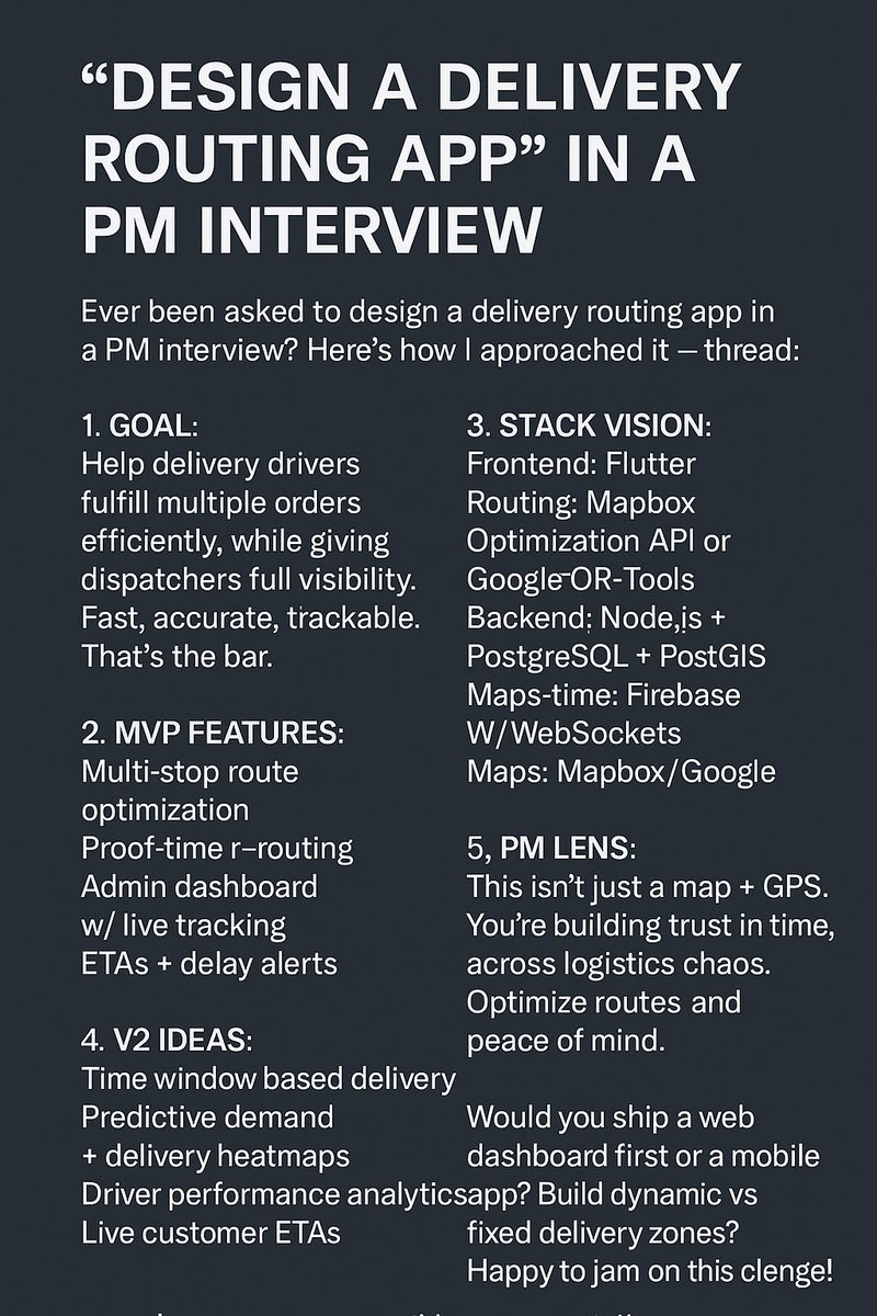 Vaishali2308S's tweet image. Caption:
“Got asked to design a delivery routing app in a PM interview — broke it down like a product launch. From MVP to V2, here’s how I approached it step-by-step. What would you do differently?”
#ProductManagement #PMInterview #RoutingApp #TechDesign #UX #Startups