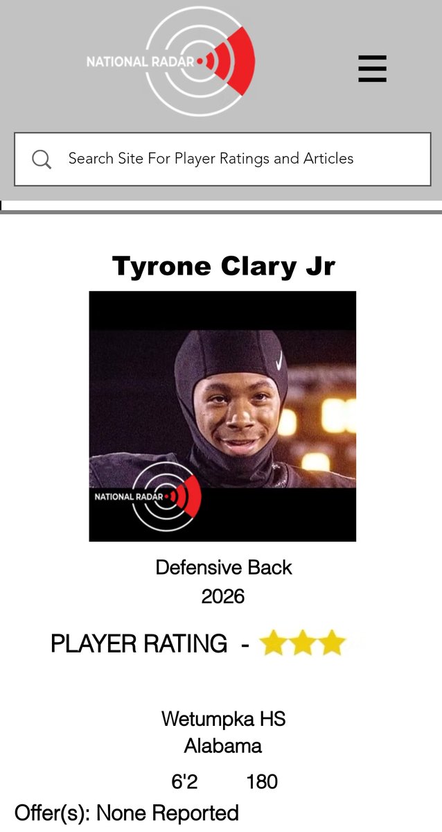 Tyrone Clary Jr ~T.J. (@tyroneclaryjr) on Twitter photo Blessed to receive a 3 🌟 rating from <a href="/nationalradar/">NationalRadar</a>. My recruitment process began with <a href="/RecruitNationUS/">Recruit Nation</a> <a href="/RecruitNationSC/">Recruit Nation- South Carolina</a> <a href="/dreamallamerica/">Dream All-American</a> now it's time to finish up my upcoming Senior year with <a href="/we2_football/">Wetumpka Football</a> <a href="/TheCoachBear48/">BEAR Woods</a>
<a href="/CoachMorton28/">Marvin Morton</a> #TRIBE 🟡⚫️ Blessed to receive a 3 🌟 rating from <a href="/nationalradar/">NationalRadar</a>. My recruitment process began with <a href="/RecruitNationUS/">Recruit Nation</a> <a href="/RecruitNationSC/">Recruit Nation- South Carolina</a> <a href="/dreamallamerica/">Dream All-American</a> now it's time to finish up my upcoming Senior year with <a href="/we2_football/">Wetumpka Football</a> <a href="/TheCoachBear48/">BEAR Woods</a>
<a href="/CoachMorton28/">Marvin Morton</a> #TRIBE 🟡⚫️