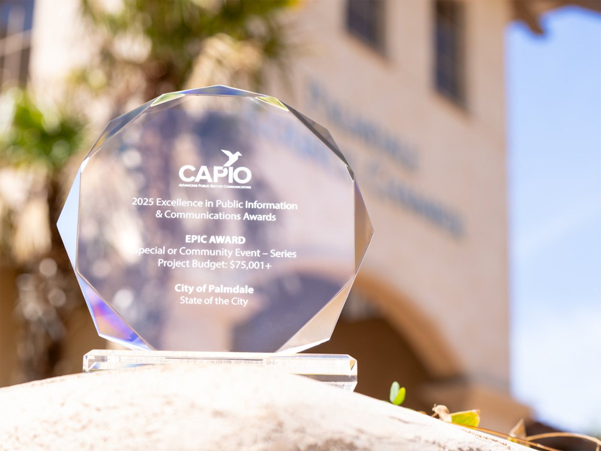 [para español👇] 📣 Palmdale is EPIC! 🏆

The City has received an EPIC Award from the <a href="/CAPIOTweets/">CAPIO</a> California Association of Public Information Officials (CAPIO) for the City's 2024 State of the City event! 

Last year's State of the City highlighted major accomplishments and