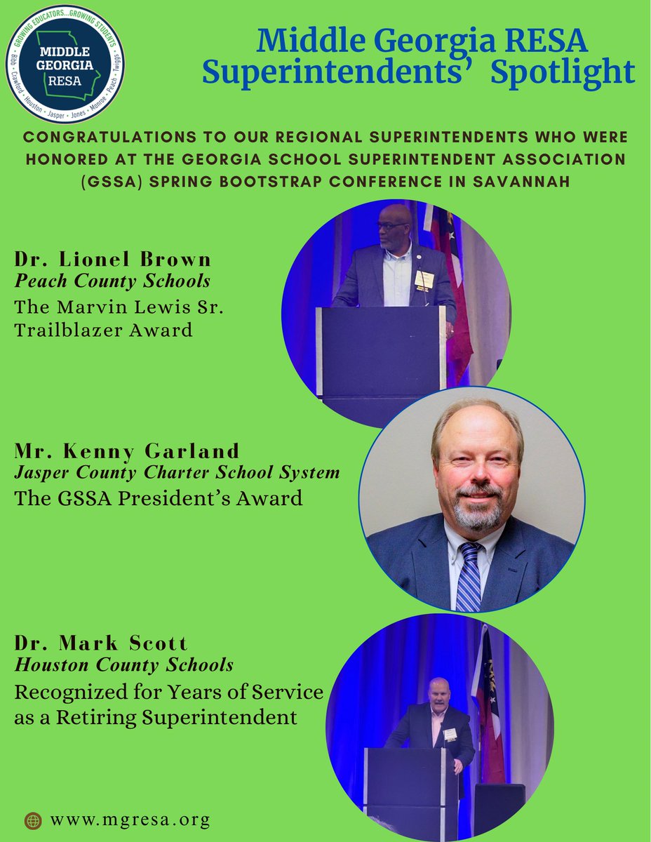 MiddleGaRESA's tweet photo. Congratulations to three of the finest superintendents in the Middle Georgia region! #GrowingStudents #GrowingEducators
@JasperCharter
@HoustonCountySD @peachschools https://t.co/kwK4CSVJPy