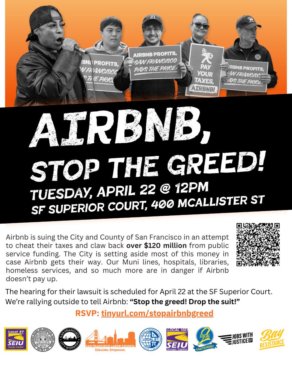Jobs with Justice San Francisco (@jwjsf) on Twitter photo San Francisco’s budget can be balanced without gutting vital public services, but only if wealthy tech companies pay their fair share in taxes. Airbnb’s refusal to pay their taxes makes them a major contributor to San Francisco’s deficit. 
➡️ RSVP: tinyurl.com/stopairbnbgreed San Francisco’s budget can be balanced without gutting vital public services, but only if wealthy tech companies pay their fair share in taxes. Airbnb’s refusal to pay their taxes makes them a major contributor to San Francisco’s deficit. 
➡️ RSVP: tinyurl.com/stopairbnbgreed