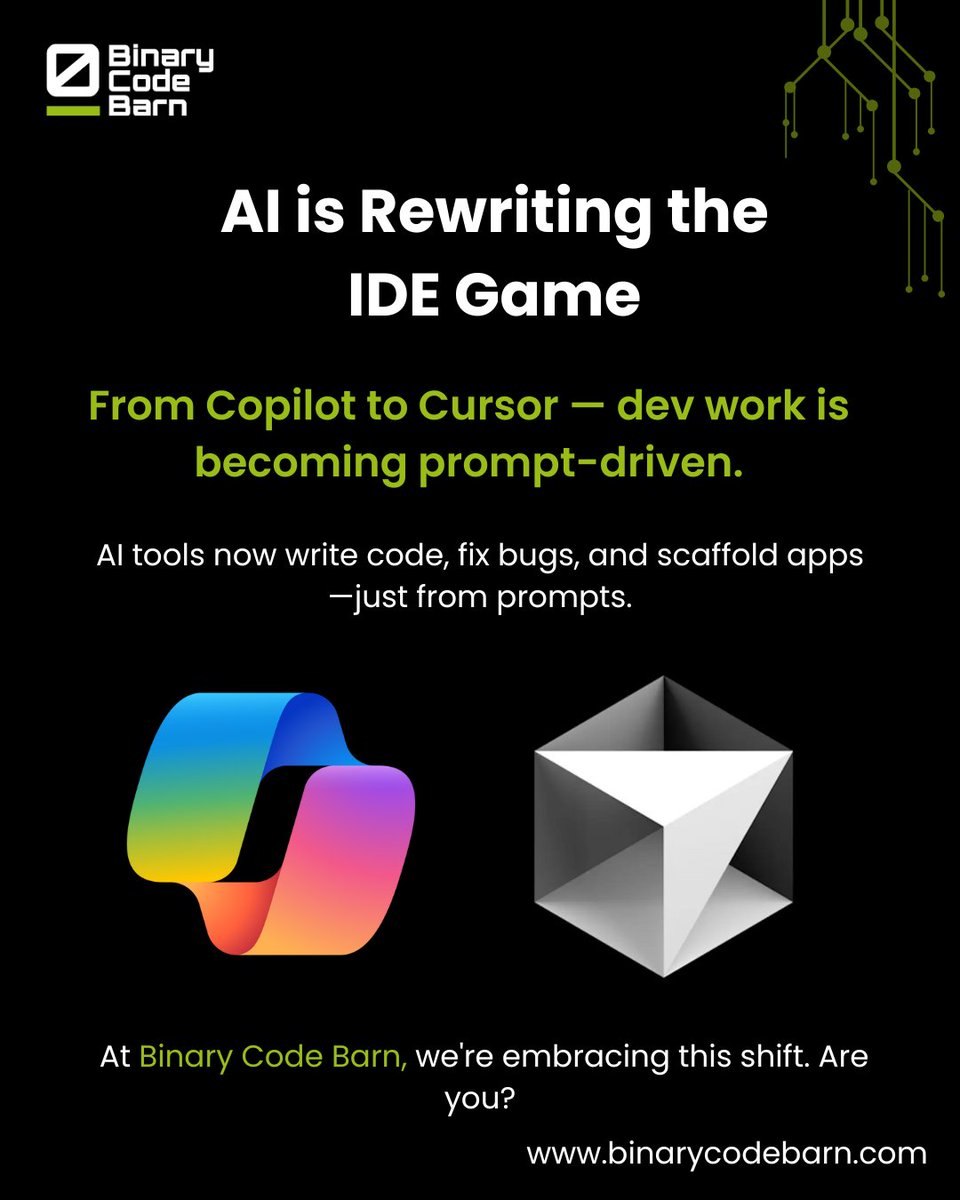 binarycodebarn's tweet image. The Rise of AI-Driven Dev Environments – Are You Ready for the Shift?
👉 Would you trust an AI agent to run terminal commands or refactor core logic?
We're curious—drop your thoughts below!
#BinaryCodeBarn #AIInDevelopment #GitHubCopilot #CursorAI #PromptDrivenDev #Codeium