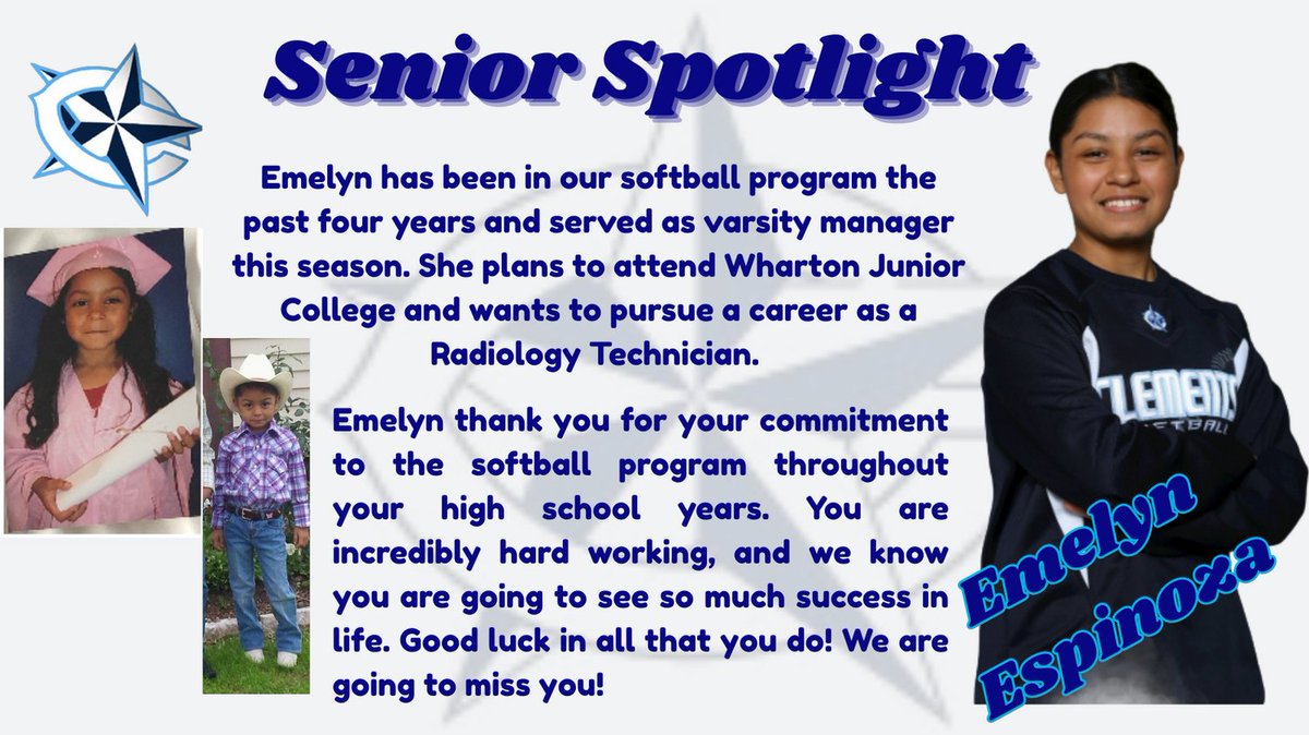 clementssftbl's tweet image. Our final senior for Senior Spotlights is our wonderful manager Emelyn Espinoza! Hope to see a great crowd tonight at Clements for our final game vs Travis. Senior Night Ceremony will begin at 5:50!