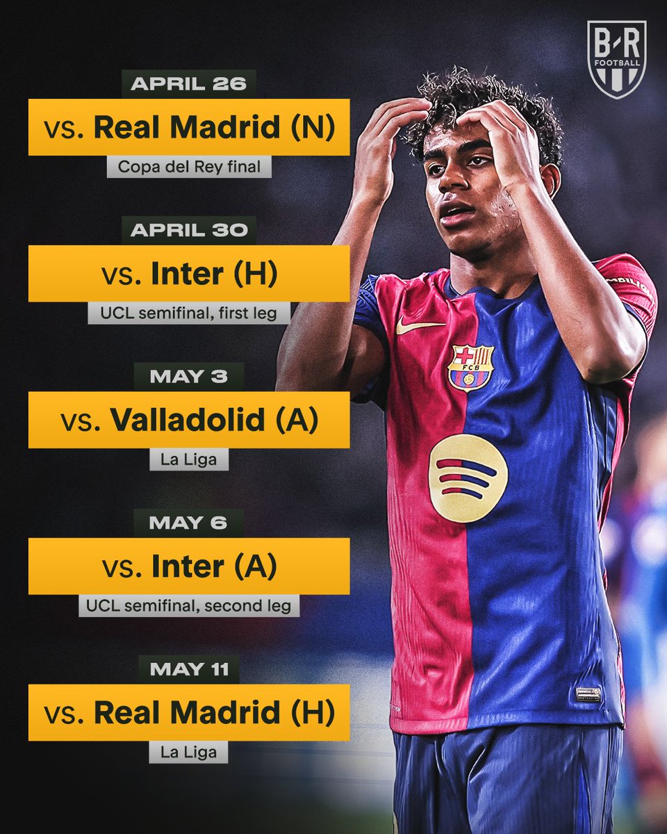 brfootball's tweet image. Barcelona have a 𝐛𝐫𝐮𝐭𝐚𝐥 five-game stretch starting with the Copa del Rey final 🫢