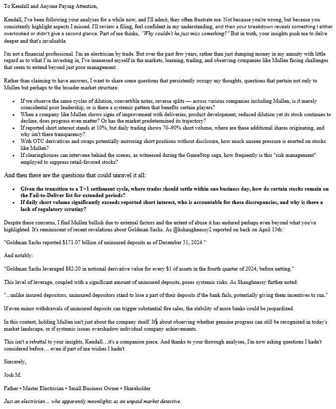 amoewsing1's tweet photo. Ever wonder if progress even matters in this market?
Been following @KendallP97’s breakdowns, insightful stuff, even when it stings.
This letter’s me thinking out loud.
@kshaughnessy2’s April 13 post adds fuel.
#MULN #FailToDeliver
Replying to: https://t.co/X3wxD6vFrj https://t.co/b2rlWlK4H6
