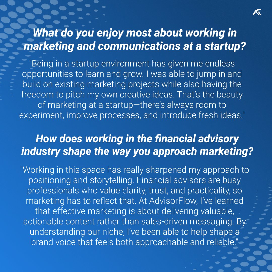 AdvisorFlow's tweet image. Meet Kirsten, our Marketing and Communications Coordinator at AdvisorFlow!
We're thrilled to have her on board as she drives creativity and enhances our presence in the fintech space.
#AdvisorFlow #Marketing #FinancialAdvisors #CanadianFintech