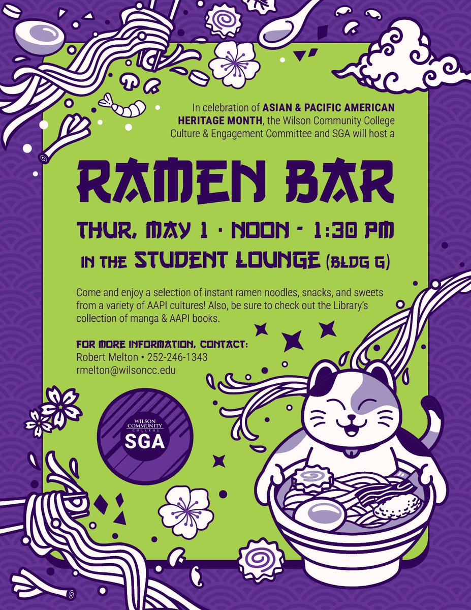 Wilson Comm College (@wccwilsonnc) on Twitter photo In celebration of Asian & Pacific American Heritage month, the WCC Culture & Engagement Committee and SGA will host a Ramen Bar 🍜🍥🍡on Thur, May 1 from noon-1:30 PM in the Student Lounge. For more info, contact Robert Melton at rmelton@wilsoncc.edu or 252-246-1343. In celebration of Asian & Pacific American Heritage month, the WCC Culture & Engagement Committee and SGA will host a Ramen Bar 🍜🍥🍡on Thur, May 1 from noon-1:30 PM in the Student Lounge. For more info, contact Robert Melton at rmelton@wilsoncc.edu or 252-246-1343.