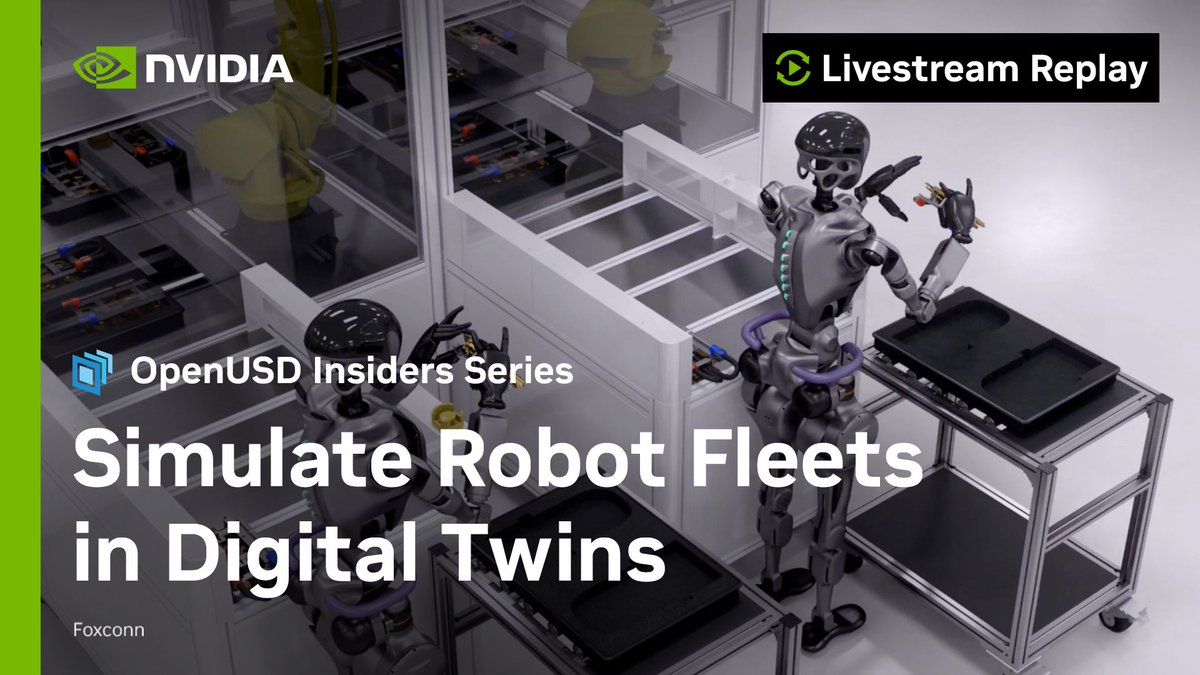 Watch this week's livestream to see how the Mega #NVIDIAOmniverse Blueprint is aiding developers in designing, testing, and deploying intelligent robot fleets using #OpenUSD-based #DigitalTwins. 🤖

Hear how the blueprint is accelerating #IndustrialAI with real-world examples