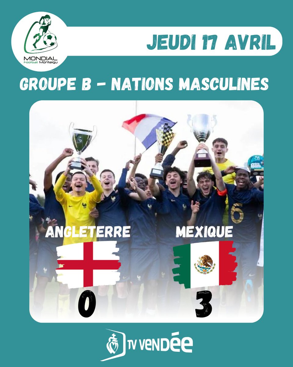 ⚽MONDIAL FOOTBALL DE MONTAIGU⚽
📢RESULTATS DU JEUDI 17 AVRIL📢

L’équipe de France🇨🇵 l'emporte 2 buts à 0 face à la Sélection de Vendée U17 !
Dans le second groupe, le Portugal🇵🇹 enchaîne face au Japon🇯🇵, victoire 3-1, et se hisse déjà en finale !