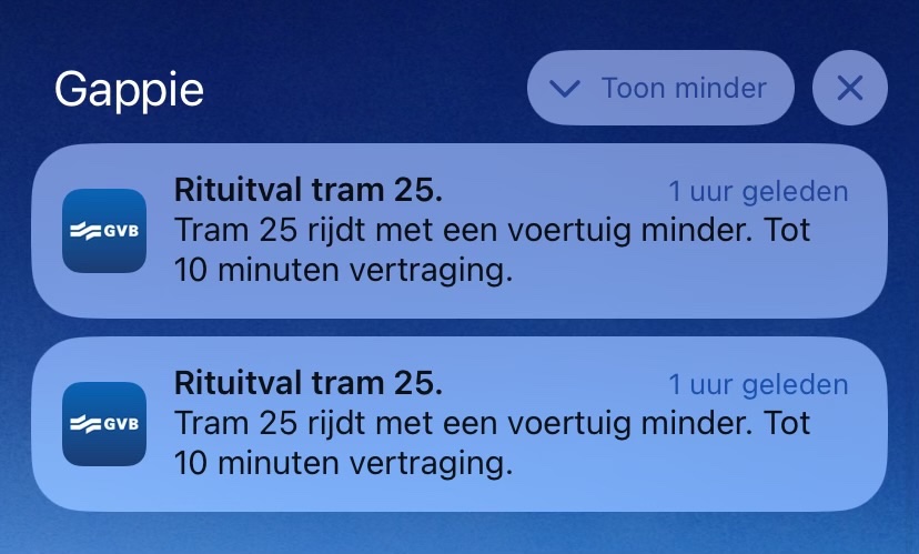 Tja, wel een melding dat er een voertuig minder is, maar geen melding dat de hele lijn er daarvoor > 1 uur eruit ligt 🙄 Moet desondanks zeggen dat GVB het op zich wel beter doet dan andere vervoerders…