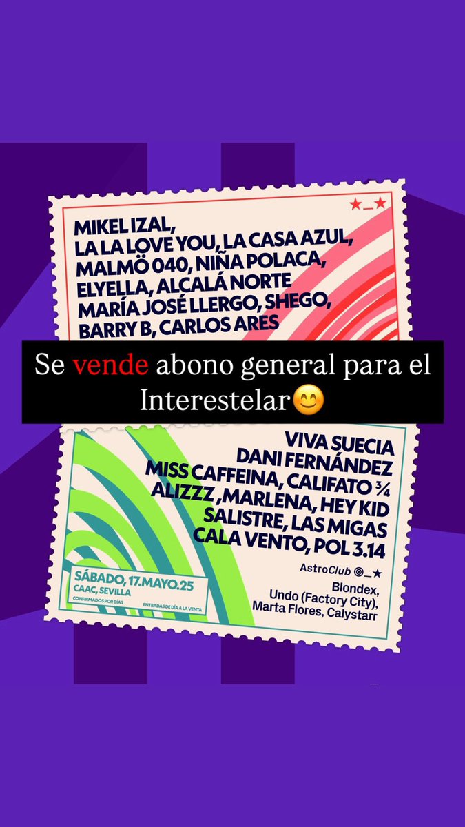 Se venden tres abonos generales para el Interestelar en Sevilla, 16 y 17 de Mayo😊💖, aún sin nominar