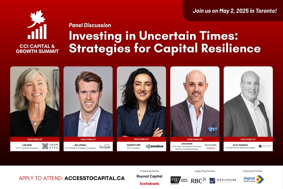 Council of Canadian Innovators (CCI) (@cadinnovators) on Twitter photo At the Capital & Growth Summit on May 2, leaders from <a href="/EcopiaAI/">Ecopia AI</a>, <a href="/Introhive/">Introhive</a>, <a href="/4eyesfinancial/">Four Eyes Financial</a>, <a href="/scotiabank/">Scotiabank</a> , and Wealhouse Capital will explore how Canadian firms can stay resilient in volatile markets.
Apply now: accesstocapital.ca At the Capital & Growth Summit on May 2, leaders from <a href="/EcopiaAI/">Ecopia AI</a>, <a href="/Introhive/">Introhive</a>, <a href="/4eyesfinancial/">Four Eyes Financial</a>, <a href="/scotiabank/">Scotiabank</a> , and Wealhouse Capital will explore how Canadian firms can stay resilient in volatile markets.
Apply now: accesstocapital.ca