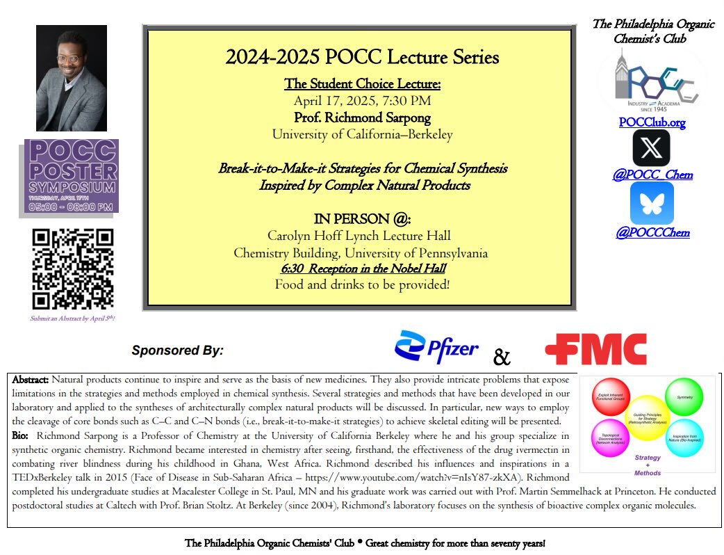 POCC_Chem's tweet image. Hi everyone! Looking forward to an exciting evening of students’ posters tonight at 5 followed by our students choice Dr Richmond Sarpong @SarpongGroup can’t wait to see everyone there!