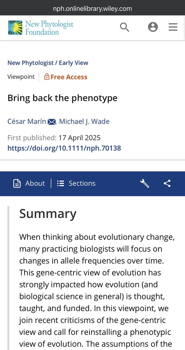 Dr. César Marín (@cesarmarin203) on Twitter photo New paper out in <a href="/NewPhyt/">New Phytologist</a>: “Bring back the phenotype”.
Sewall Wright was right all along. After a century, it is time to catch up!
Nice writing with Mike Wade from Indiana University, who has provided empirical evidence of group selection since 1976!
doi.org/10.1111/nph.70… New paper out in <a href="/NewPhyt/">New Phytologist</a>: “Bring back the phenotype”.
Sewall Wright was right all along. After a century, it is time to catch up!
Nice writing with Mike Wade from Indiana University, who has provided empirical evidence of group selection since 1976!
doi.org/10.1111/nph.70…