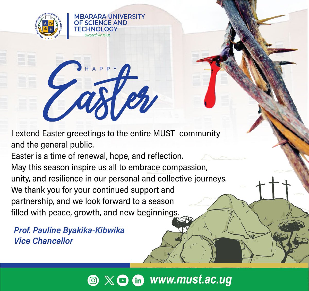 Mbarara University (@mbararaust) on Twitter photo Happy Easter from MUST
Prof. Pauline Byakika-Kibwika, Vice Chancellor, extends warm Easter greetings to the <a href="/MbararaUST/">Mbarara University</a> community and the general public.
May this season bring renewal, hope, unity, and resilience. Happy Easter from MUST
Prof. Pauline Byakika-Kibwika, Vice Chancellor, extends warm Easter greetings to the <a href="/MbararaUST/">Mbarara University</a> community and the general public.
May this season bring renewal, hope, unity, and resilience.