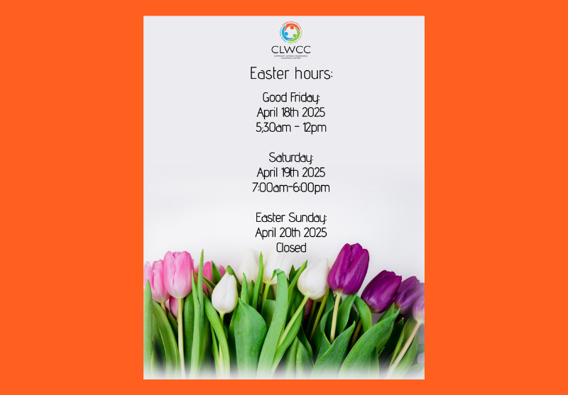 Easter Hours:

Good Friday:
Aprl 18th 2025
5:30 a.m. - 12:00 p.m.

Saturday
April 19th 2025
7:00 a.m. - 6:00 p.m.

Easter Sunday:
April 20th 2025
Closed
clwcc.org/post-detail/~b…