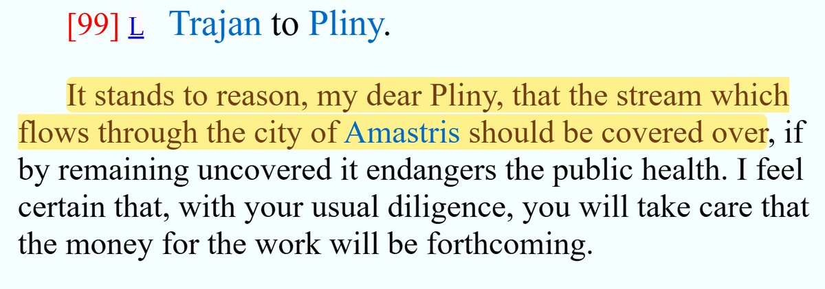 Letters from Pliny, Governor of Bithynia, to the Roman emperor, Trajan.
Pliny: There is an open sewer running through the city. Should we cover it?
Trajan: Yes.