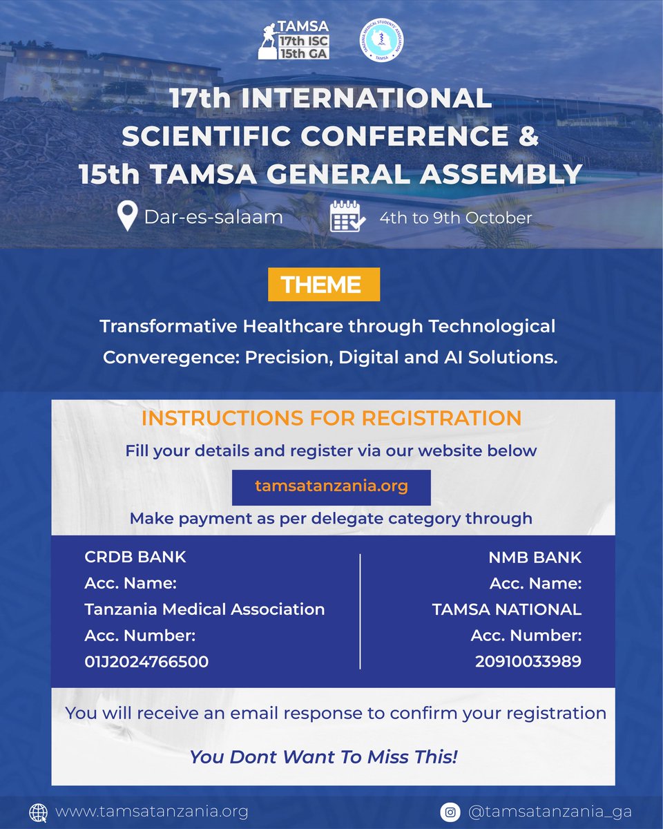 Innovation Meets Impact!
Dar es Salaam is calling! Gear up for a groundbreaking journey into the future of healthcare this October.

Here are delegates fees! 
Register now!

shorturl.at/Z71cm

#tamsatanzania #tamsaga2025