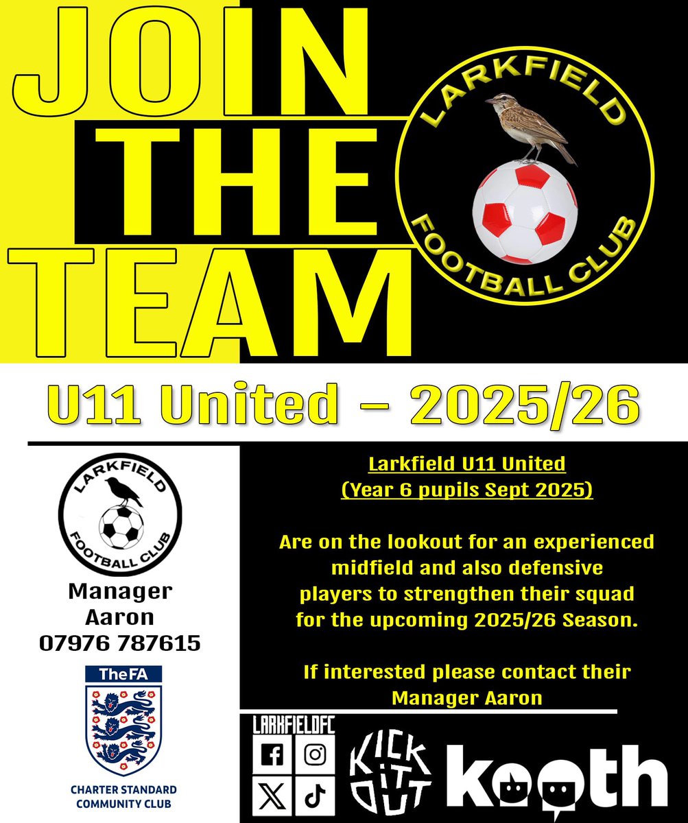 𝑷𝑳𝑨𝒀𝑬𝑹𝑺 𝑾𝑨𝑵𝑻𝑬𝑫!

Our U11 Utd team for 25/26 season are looking for midfield &amp; defensive players to complete their squad for the upcoming new season. 

School Year 6 from Sept 25.

Interested? please contact Aaron who would love to have a chat with you 🟡⚫️