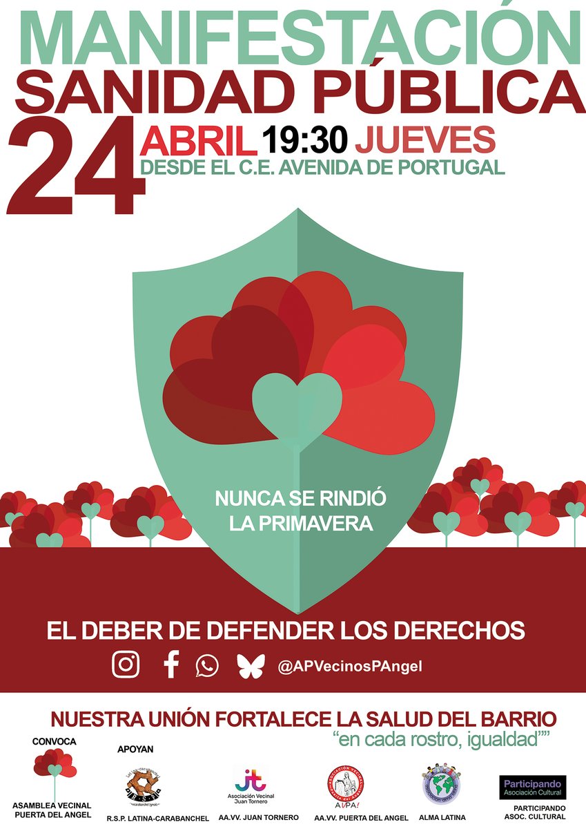 Manifestacion #Sanidadpública 
El dia 24 de abril a las 19:30 desde el CE AVD Portugal. El deber de defender los derechos.
#PuertaDelAngel #MadridRio #AtencionPrimaria #Pediatria
Con <a href="/rsplatinacarab1/">rsplatinacarabanchel</a> <a href="/AVPdA/">Asociación Vecinal Puerta del Ángel</a>  <a href="/participando403/">Asociacion Cultural Participando</a>  <a href="/aso_almalatina/">Asociación Alma Latina</a>  <a href="/AVJuanTornero/">Asociación Vecinal Juan Tornero</a>