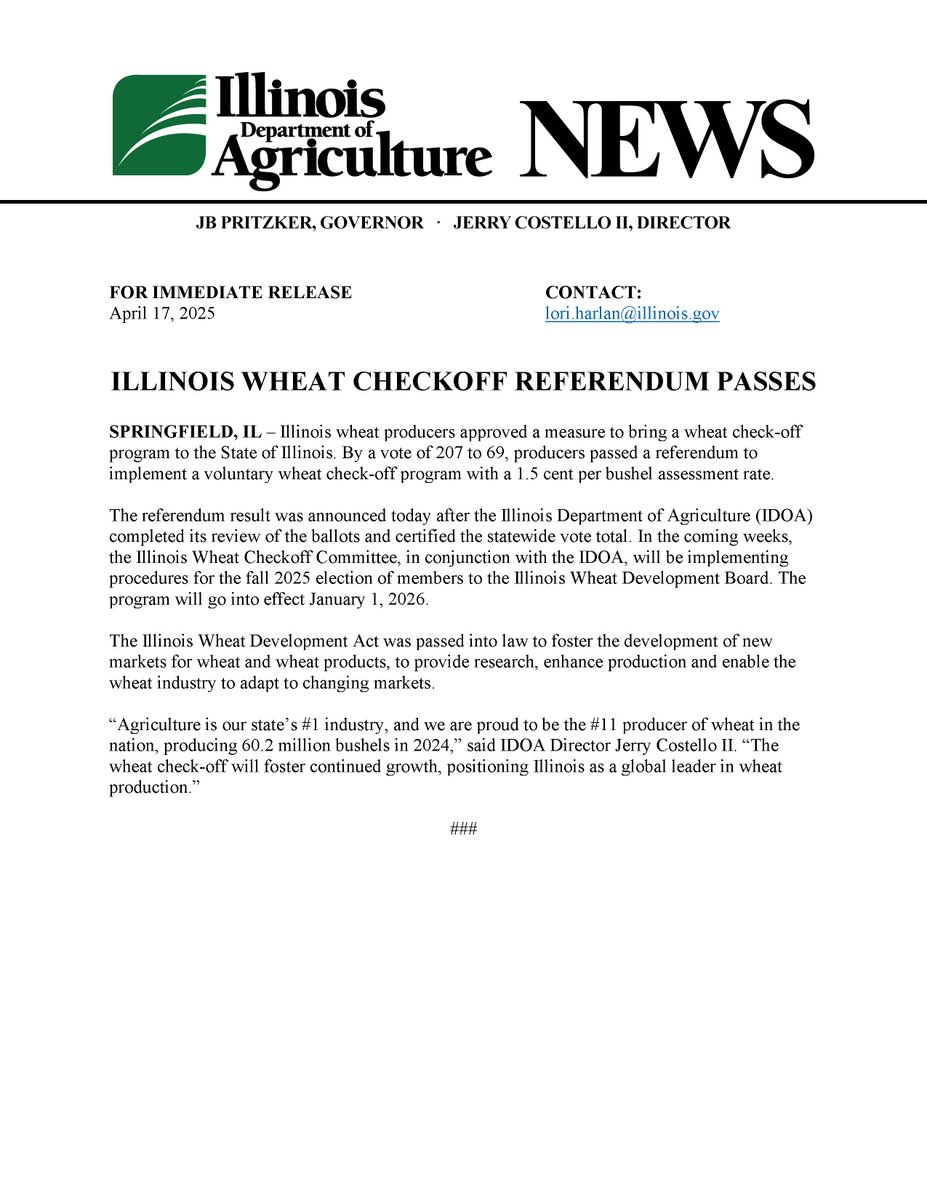 Illinois Wheat Checkoff Referendum Passes - see the official press release below.