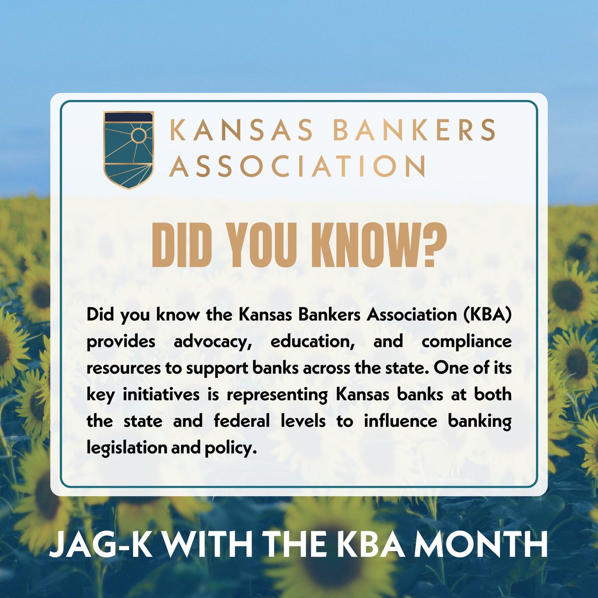 The <a href="/KansasBankers/">Kansas Bankers Association</a> support banks and bankers across the state with leadership, advocacy, and education to benefit their communities. This month they are meeting with JAG-K students about their financial futures. #JAGKwiththeKBA #financialliteracy