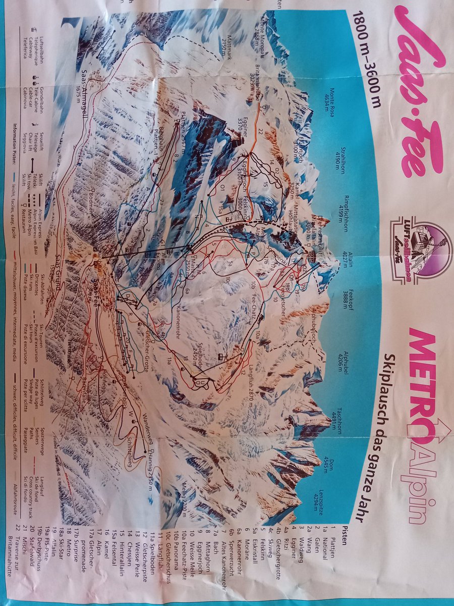 WildmanHills's tweet photo. 1993/94 piste map of Saas Fee. Note runs down to Egginerjoch and to Felskinn from Kamel. Also 17b, the well named Surprise. It was basically an icefall https://t.co/fpcPMxB1bK