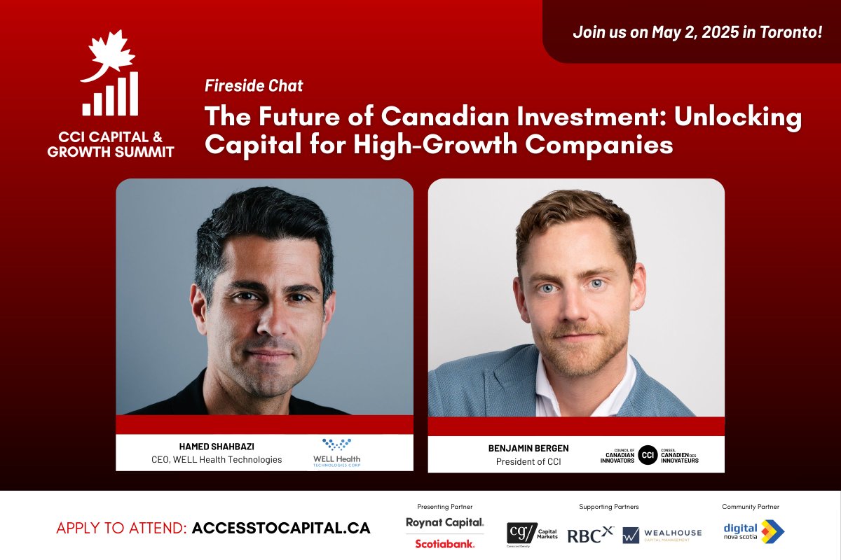 Council of Canadian Innovators (CCI) (@cadinnovators) on Twitter photo Canada needs capital markets that work for scale-ups.
At the Capital & Growth Summit, Hamed Shahbazi (<a href="/wellhealth/">WELL Health Technologies Corp.</a>) and <a href="/Ben_Bergen/">Ben Bergen</a> (CCI) will explore how to unlock domestic investment for high-growth firms.
May 2, Toronto. Apply to attend: accesstocapital.ca Canada needs capital markets that work for scale-ups.
At the Capital & Growth Summit, Hamed Shahbazi (<a href="/wellhealth/">WELL Health Technologies Corp.</a>) and <a href="/Ben_Bergen/">Ben Bergen</a> (CCI) will explore how to unlock domestic investment for high-growth firms.
May 2, Toronto. Apply to attend: accesstocapital.ca