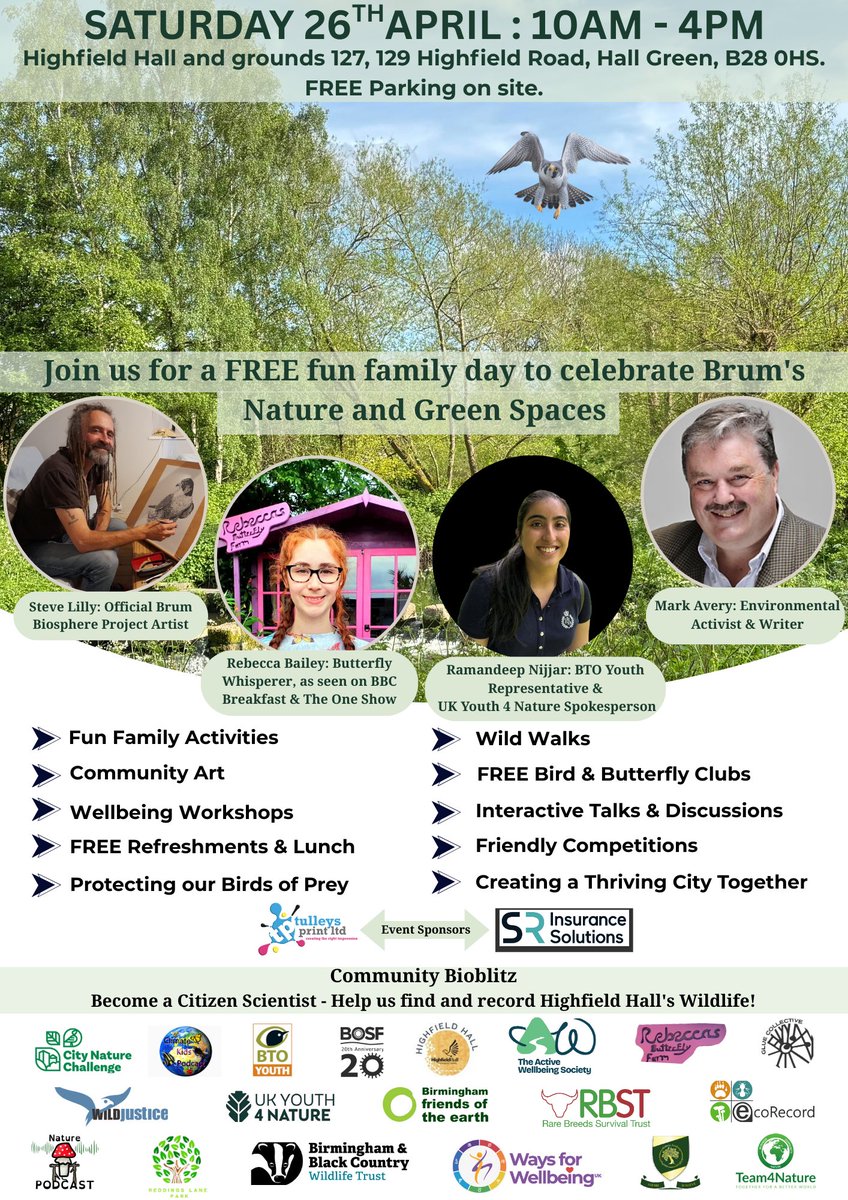 Team4Nature's tweet photo. We warmly invite you to join us and our friends from across the city at Highfield Hall, 127, 129, Highfield Road, Hall Green, B28 0HS on Saturday 26th April from 10am - 4pm to celebrate Brumβs nature & green spaces π
Event programme here https://t.co/t82ds9OO8F
#BrumBiosphere https://t.co/79gHthcyFI