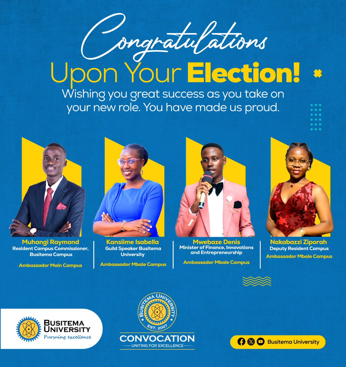 ConvoBU's tweet photo. Congratulations to our Convocation Ambassadors who have been elected to the 16th Guild Gov't of @BusitemaUni.
We are proud to see you serve both the student body and us. #BUConv #Guild #Busitema @Eng_Musinguzi_B @KwemboiMevin @ProfPaulWaako https://t.co/s3J5cCpWbS