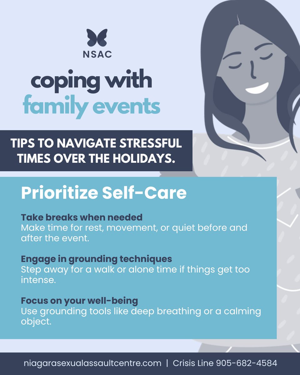 NIAGARA_SAC's tweet photo. Feeling anxious about family gatherings? You're not alone.
✔️ Plan ahead
✔️ Set boundaries
✔️ Ground yourself
Small steps = big difference. 💙
Need support?
https://t.co/bRyWqtQO6t
Crisis Line: 905-682-4584
💙
#GroundingTools #HolidayStress #Support https://t.co/XSZi0SqnUe