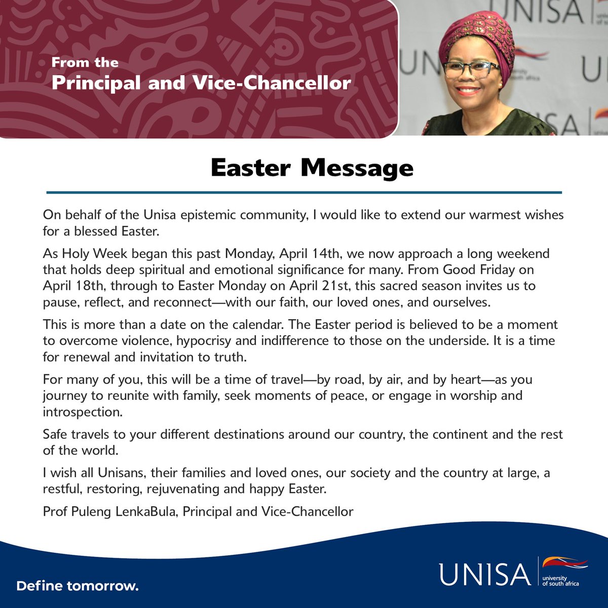 Easter Message from the Principal and Vice-Chancellor, Prof Puleng LenkaBula
#Unisa150andBeyond