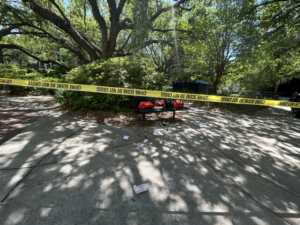 Someone on FSU’s campus got medical care here. There’s bloody bandaging on the ground.