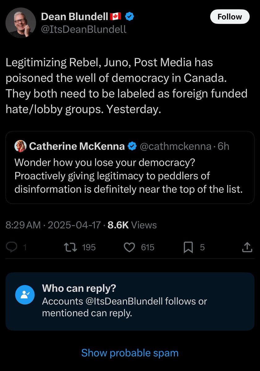 "Democracy is under threat—so let’s limit who gets to speak", says the guy who locks replies. 

At least he's consistent. 

I guess true freedom depends on sanctioned speakers vs free speech. 

Hard to defend open discourse when you're afraid of replies.