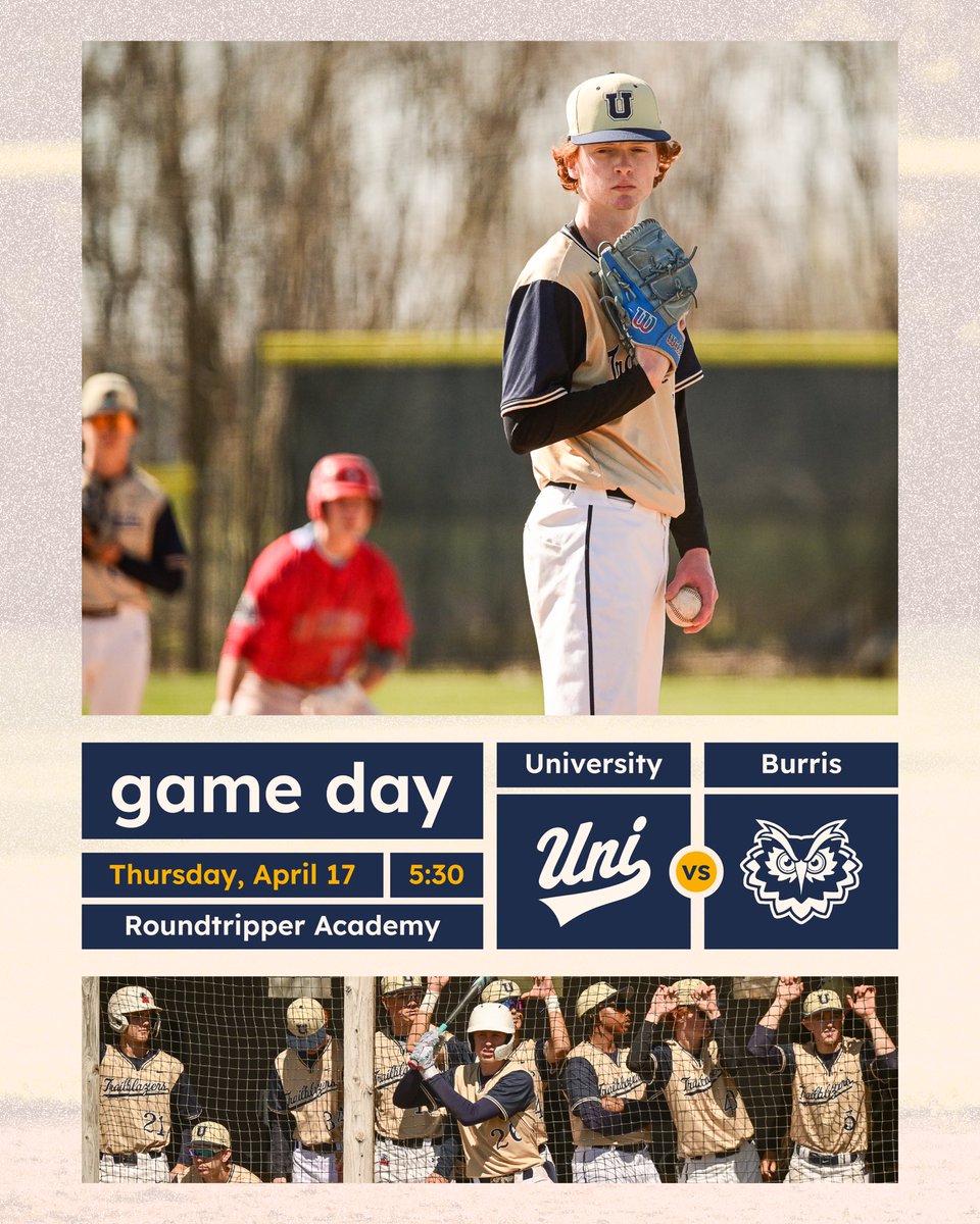 UniversityBB's tweet image. 🚨GAMEDAY ALERT🚨

First PAAC game of 2025 tonight‼️

🆚 @burris_baseball 
📍 @RoundTripperAca 
⏰ 5:30 PM
🌤️ 67°

Follow along on @GetGameChanger

@UHSathletics @PrepBaseballIN @THEAkeemGlaspie @Richie_Hall