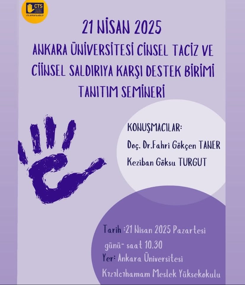 ctsankara's tweet photo. Ankara Üniversitesi Cinsel Taciz ve Cinsel Saldırıya Karşı Destek Birimi Tanıtım Seminerleri düzenliyor!

Yer 📍: Ankara Üniversitesi Kızılcahamam Meslek Yüksek Okulu
Tarih 🗓️: 21 Nisan 2025
Saat ⏰: 10.30 https://t.co/ZU52VgFpdl