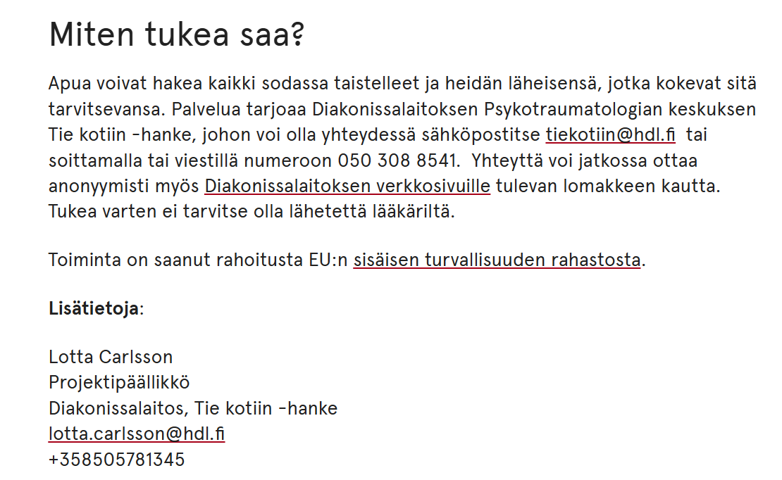Kuvakaappaus artikkelin tärkeästä osasta "Miten tukea saa?".