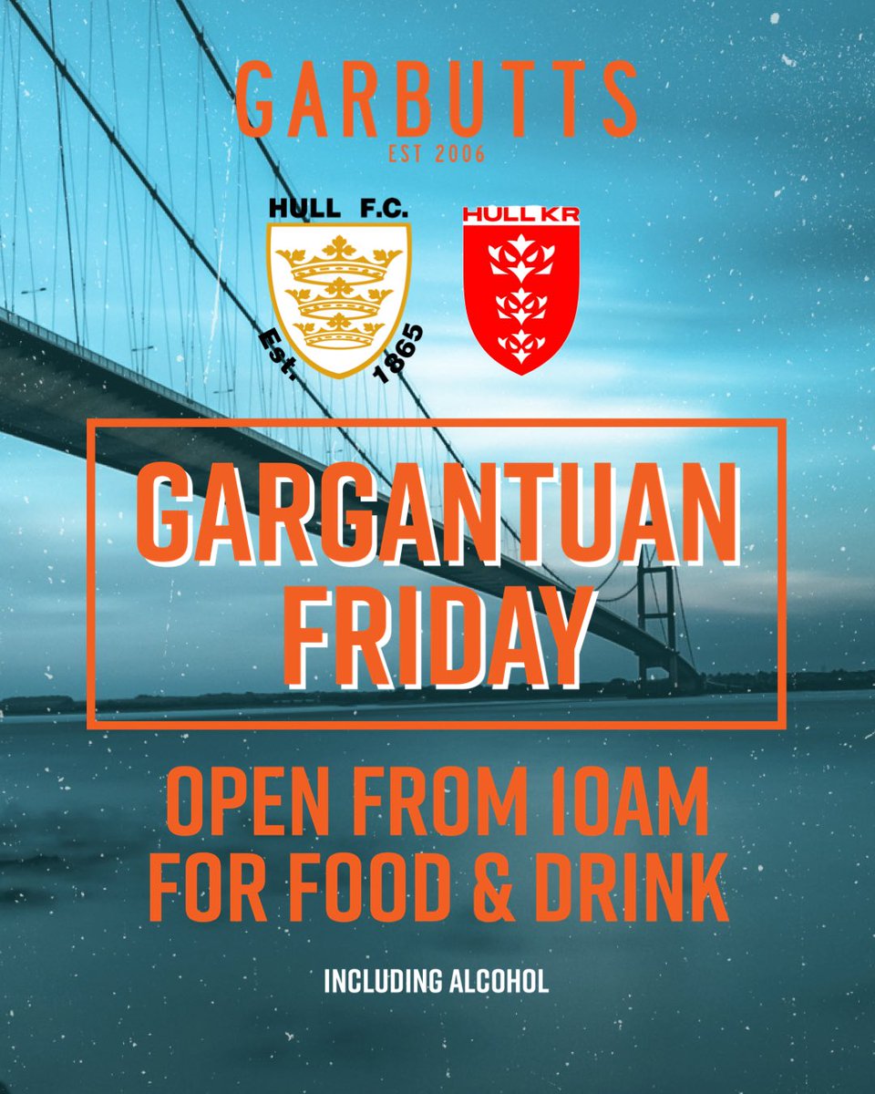 G̶o̶o̶d̶ 𝐆𝐀𝐑𝐆𝐀𝐍𝐓𝐔𝐀𝐍 Friday 

⚫️⚪️ vs 🔴⚪️ 
Pre &amp; post match food &amp; drink at Garbutts! 

⏰ Open from 10am for food &amp; drink.