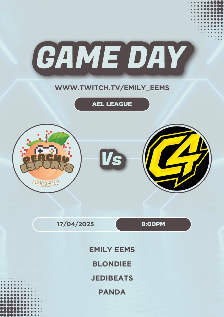 Peachy eSports (@peachy_esports) on Twitter photo ๐จ GAME DAY!๐จ
Division 8-2:
Peachy Pixels vs C4 KOI!๐ฅ
๐ด <a href="/AMeLeague/">AEL - Amateur Esports League</a>
๐ 8:00PM GMT
๐น twitch.tv/emily_eems <a href="/Emily_eems/">emily_eems</a>
๐ <a href="/Emily_eems/">emily_eems</a>
๐ <a href="/BlondieeBeams/">Blondiee</a>
๐ <a href="/brandon_fice/">Jedibeats</a>
๐ <a href="/OhPandaa/">P-</a> ๐จ GAME DAY!๐จ
Division 8-2:
Peachy Pixels vs C4 KOI!๐ฅ
๐ด <a href="/AMeLeague/">AEL - Amateur Esports League</a>
๐ 8:00PM GMT
๐น twitch.tv/emily_eems <a href="/Emily_eems/">emily_eems</a>
๐ <a href="/Emily_eems/">emily_eems</a>
๐ <a href="/BlondieeBeams/">Blondiee</a>
๐ <a href="/brandon_fice/">Jedibeats</a>
๐ <a href="/OhPandaa/">P-</a>